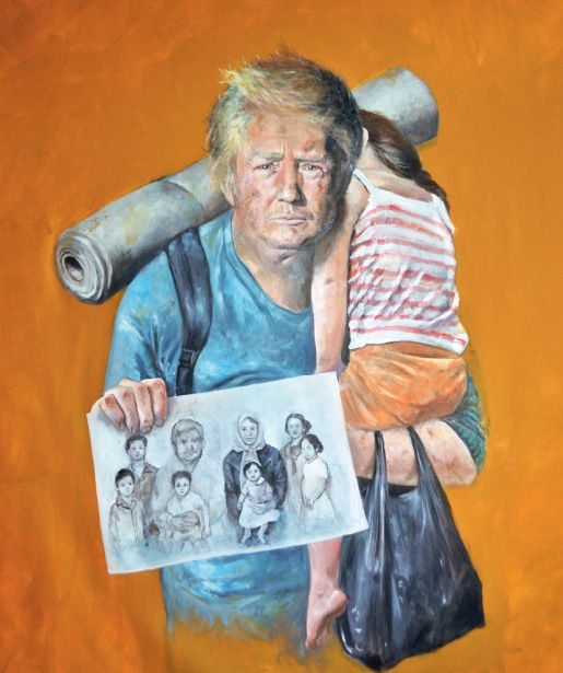50-4 ▲叙利亚艺术家奥马利说：“我创作的目的，并不是侮辱或不尊重各个国家的领导人。而是希望，他们更富有同情心，对难民问题有更多的反思。”图为奥马利此系列的部分作品。